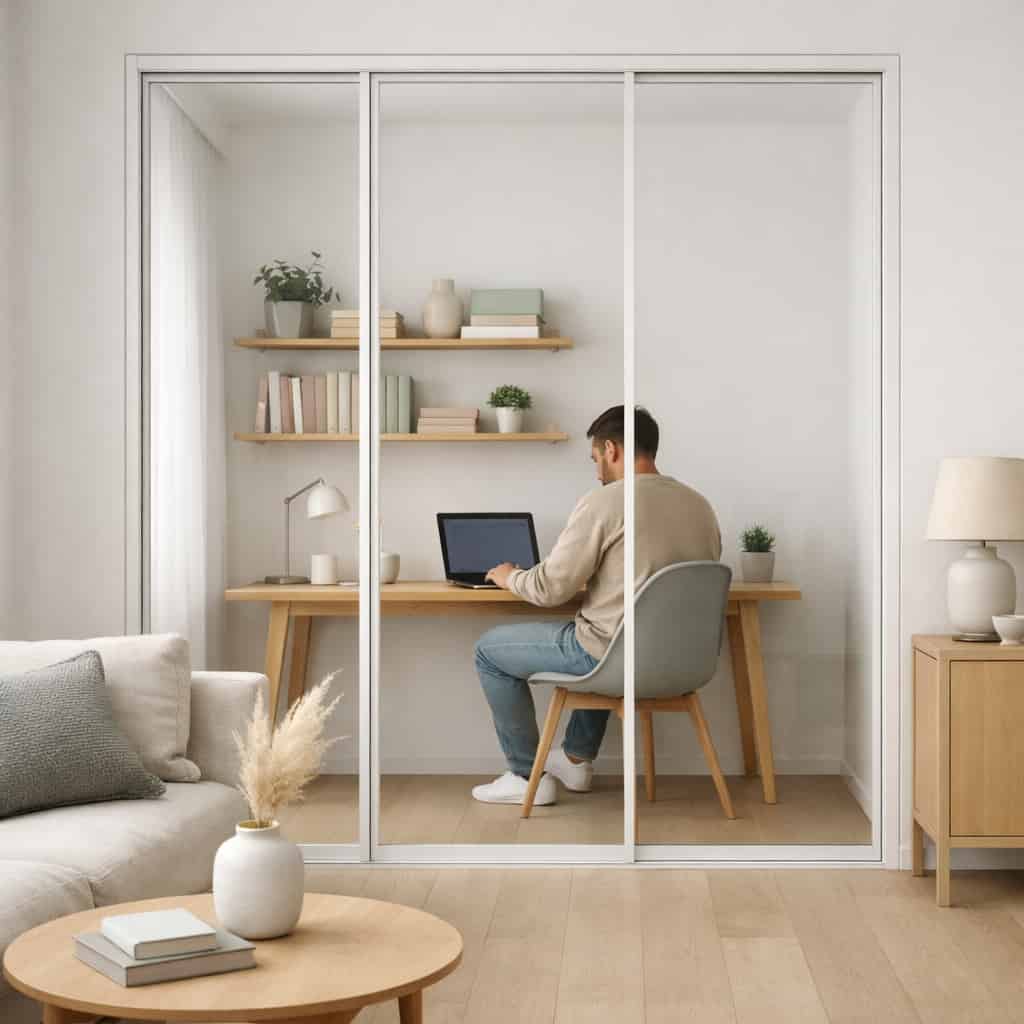 Coin bureau lumineux séparé par une verrière intérieure dans le salon