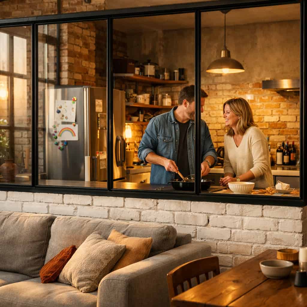 Verrière intérieure sur mesure entre cuisine et séjour dans un loft lumineux