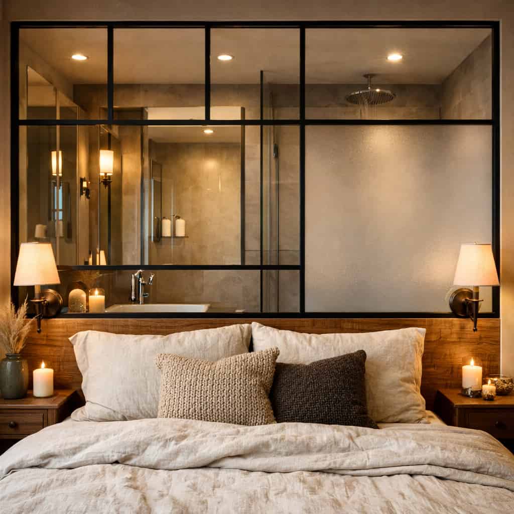 Suite parentale avec salle de bain séparée par une verrière en verre dépoli sur la zone douche