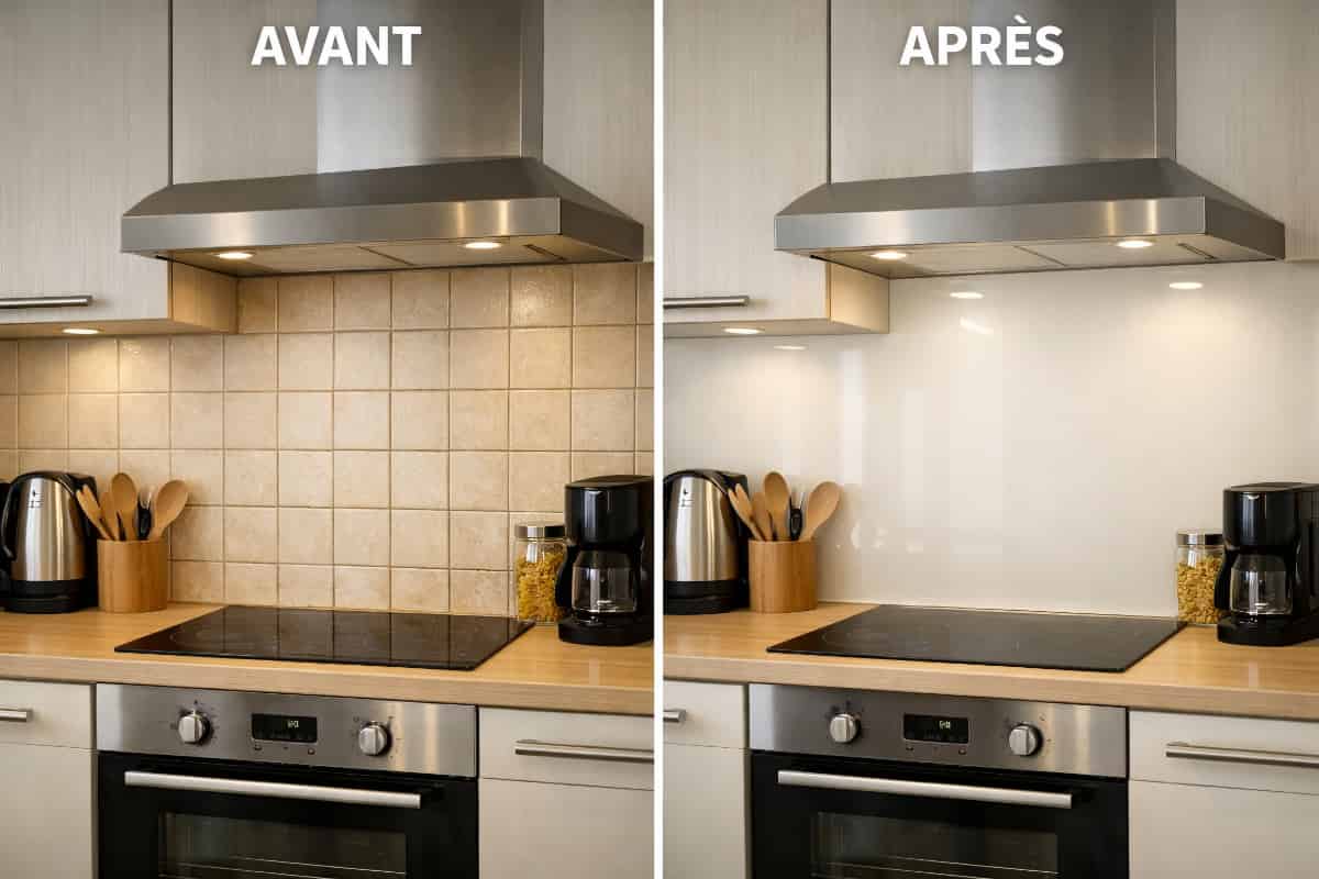 Avant après cuisine avec remplacement d’une crédence carrelée par une crédence en verre sur mesure