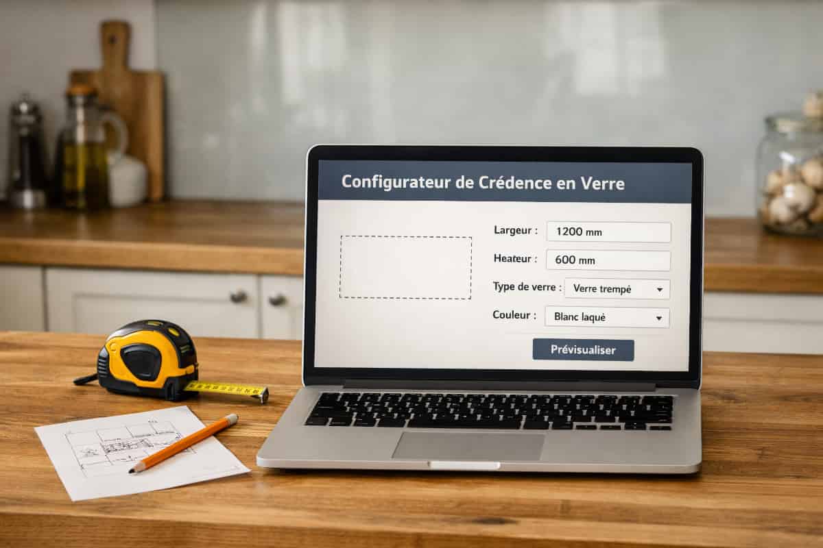 Configuration d’une crédence en verre sur mesure sur un ordinateur portable posé sur un plan de travail de cuisine