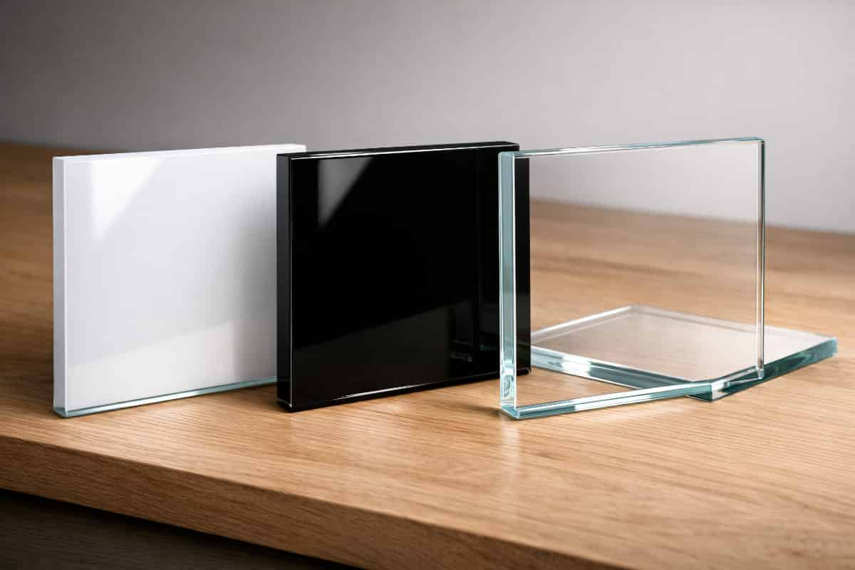 Échantillons de crédence en verre laqué blanc, noir et extra-clair posés sur un plan de travail