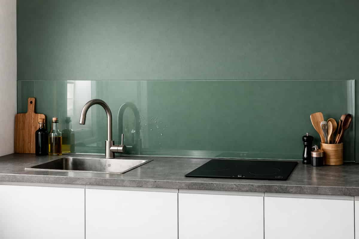 Crédence en verre extra-clair devant un mur coloré dans une petite cuisine moderne