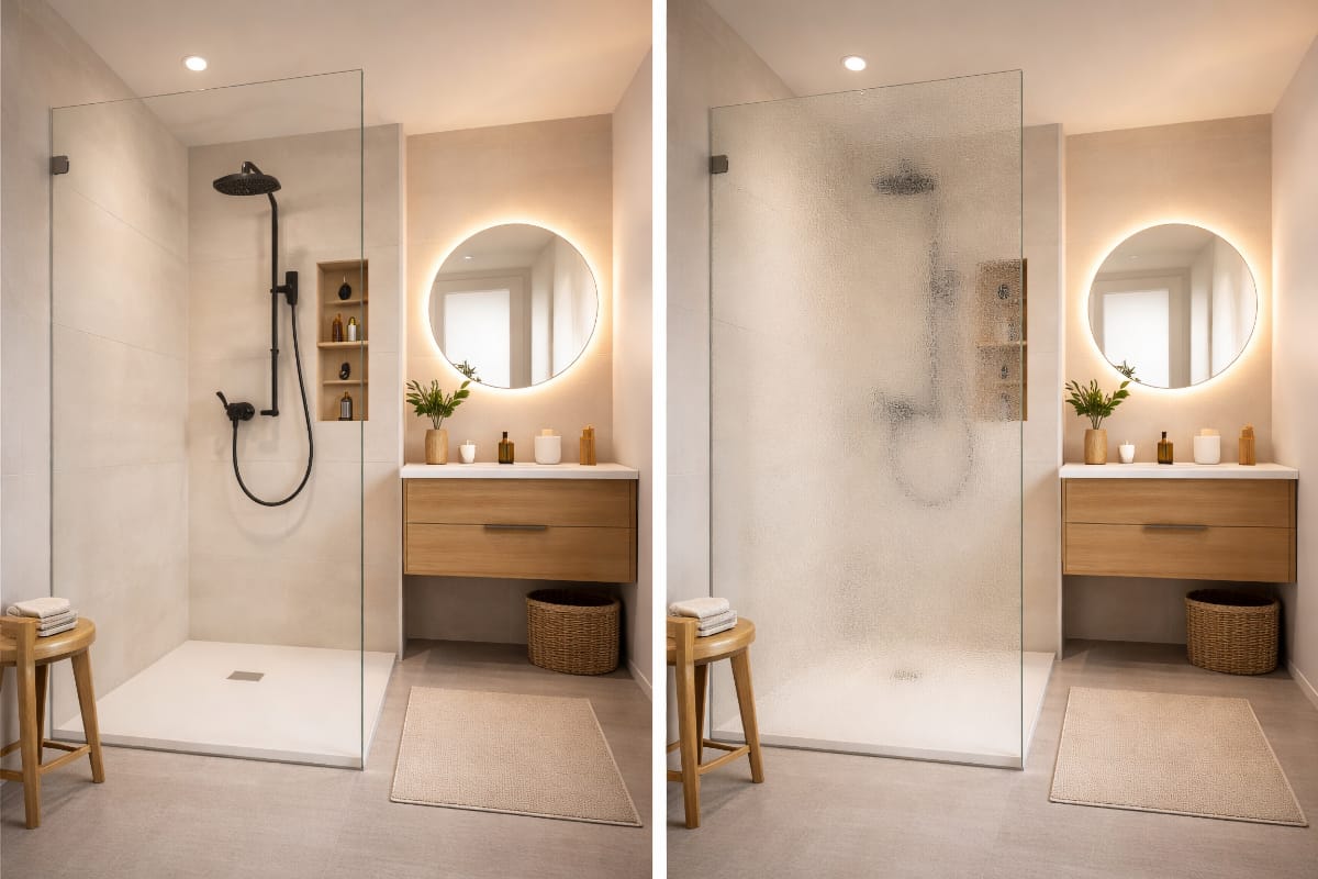 Parois de douche en verre clair et en verre dépoli dans une salle de bain moderne