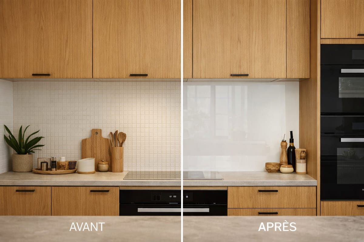 Avant après d’une crédence de cuisine remplacée par une crédence en verre sur mesure