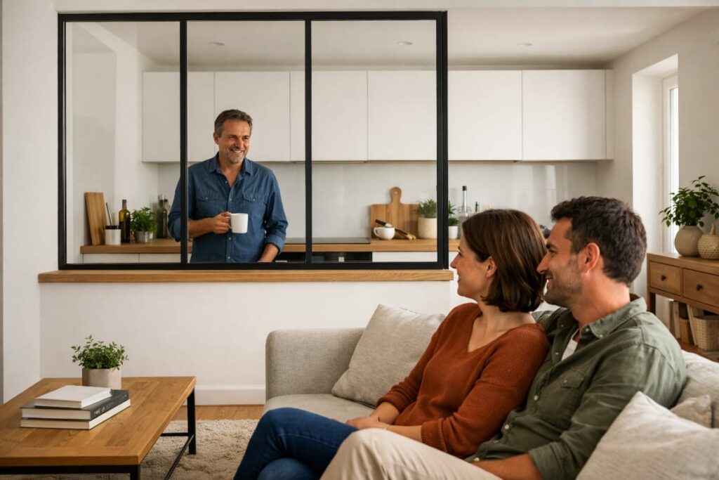 Une verrière intérieure moderne évite que la pièce de vie soit coupée en deux
