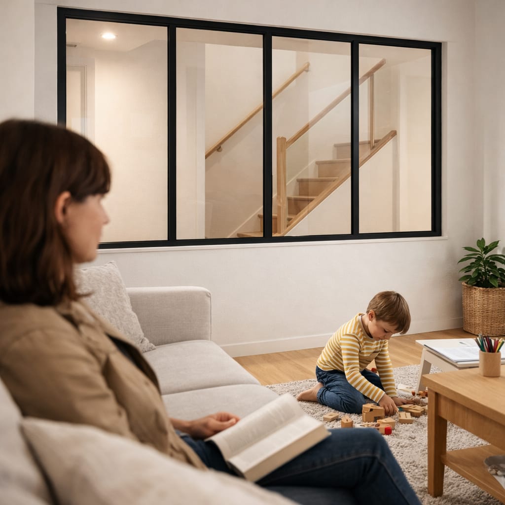 Salon familial avec verrière intérieure entre cuisine et séjour
